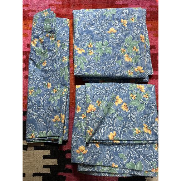 Vintage Sheridan Australia Blue Floral Lined 2 Drapes Curtains/ Valance Set 3 - Picture 15 of 16